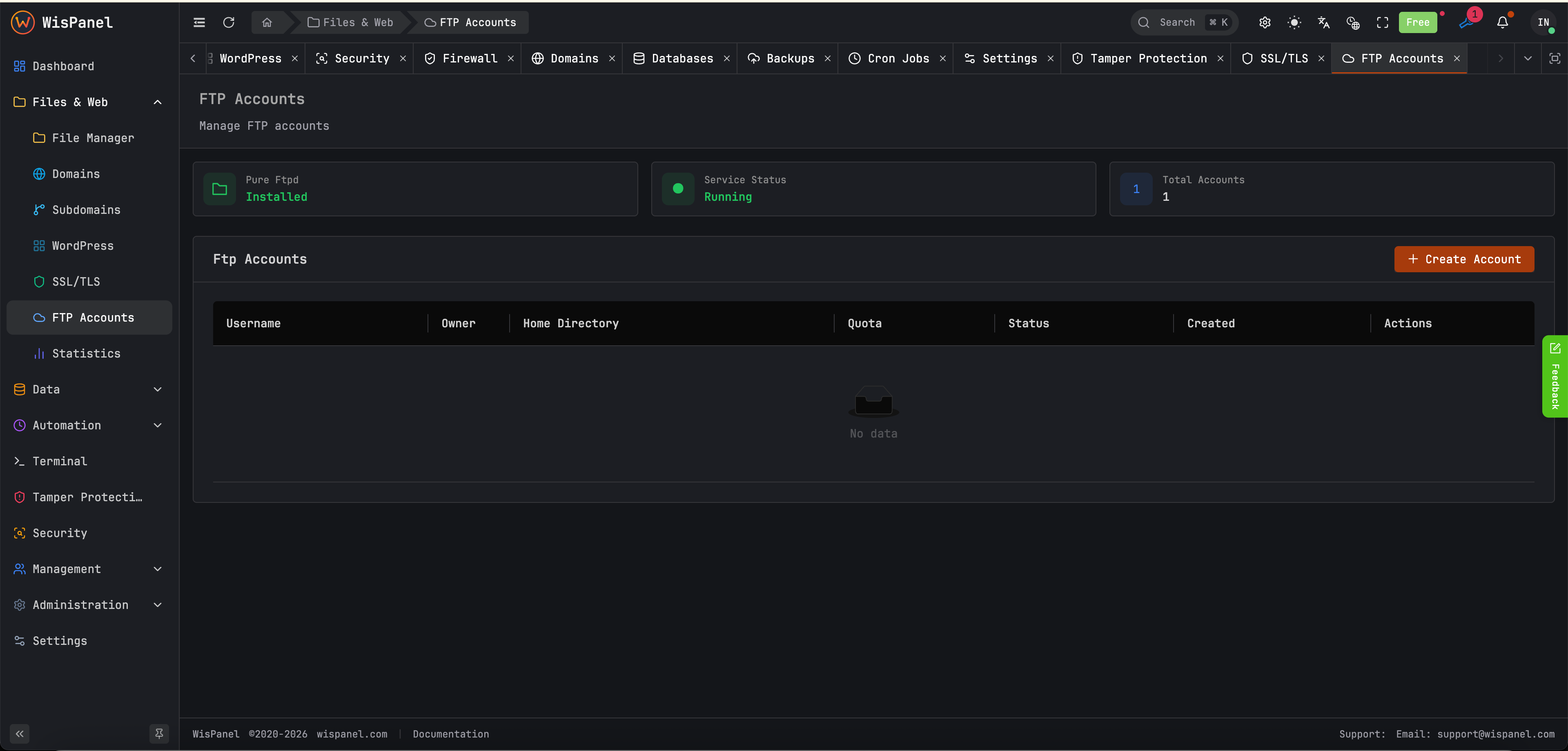 FTP account management - Dark mode