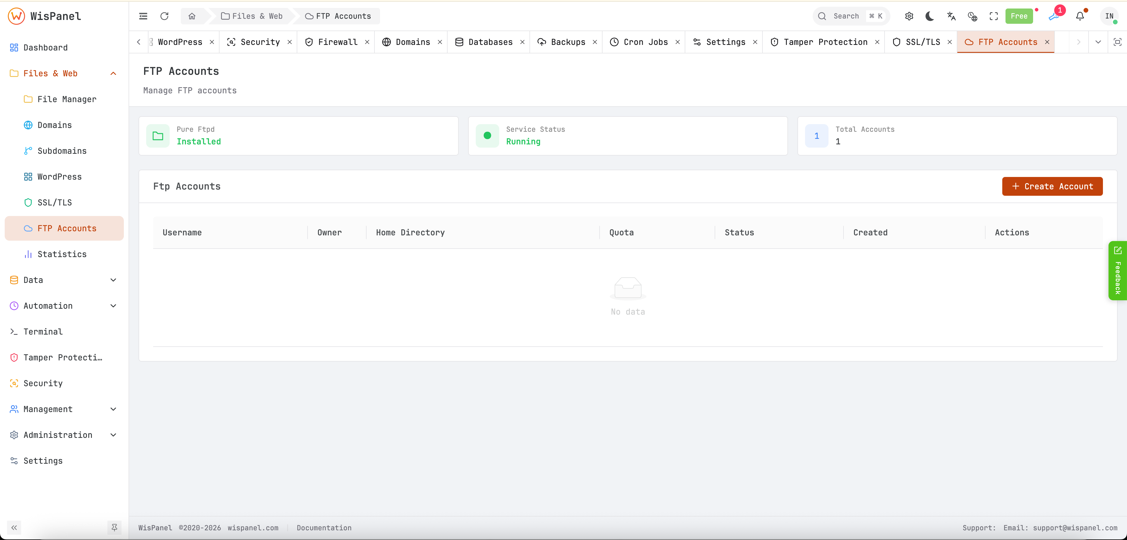 FTP account management - Light mode