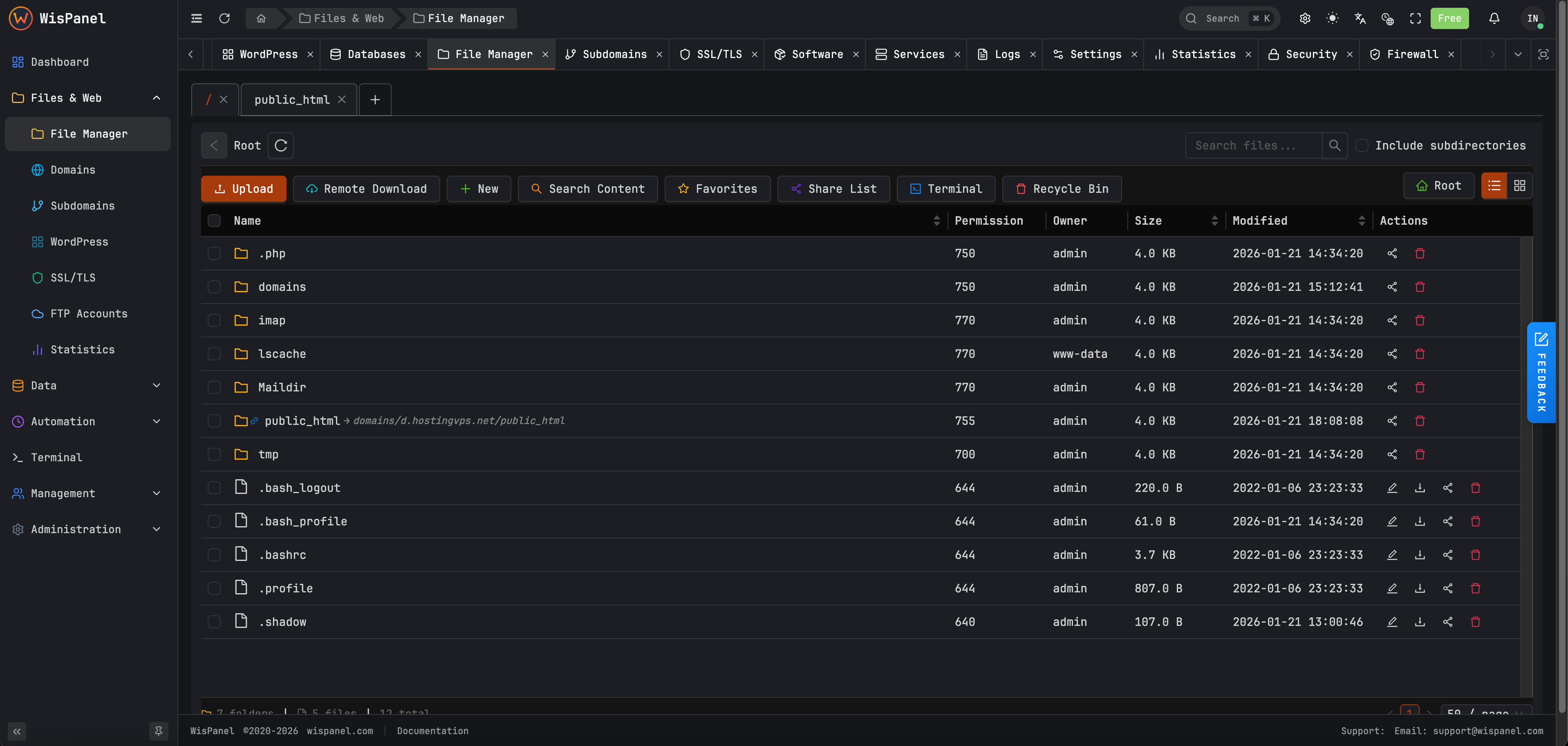 File Manager Free Server VPS Control Panel - Dark mode