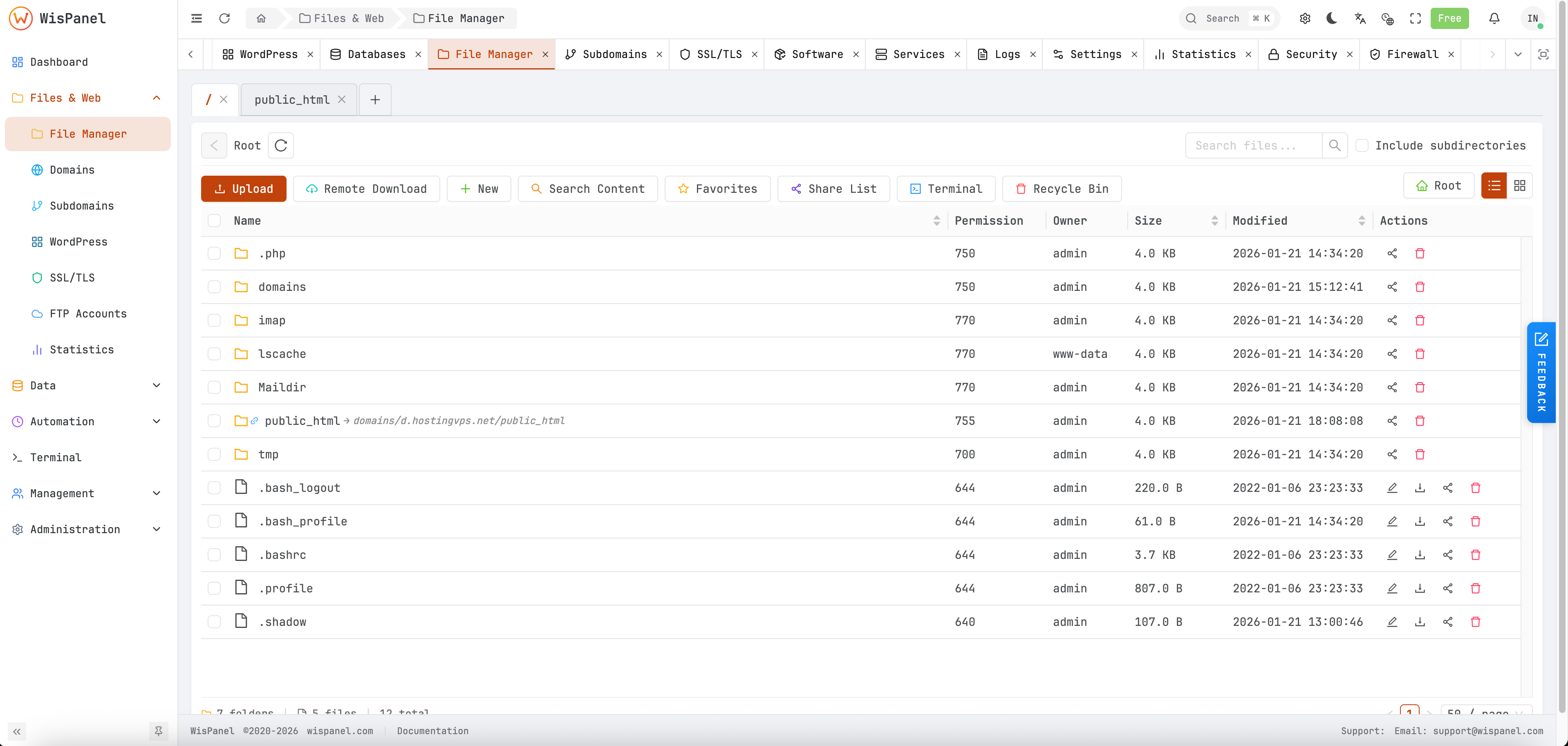File Manager Free Server VPS Control Panel - Light mode